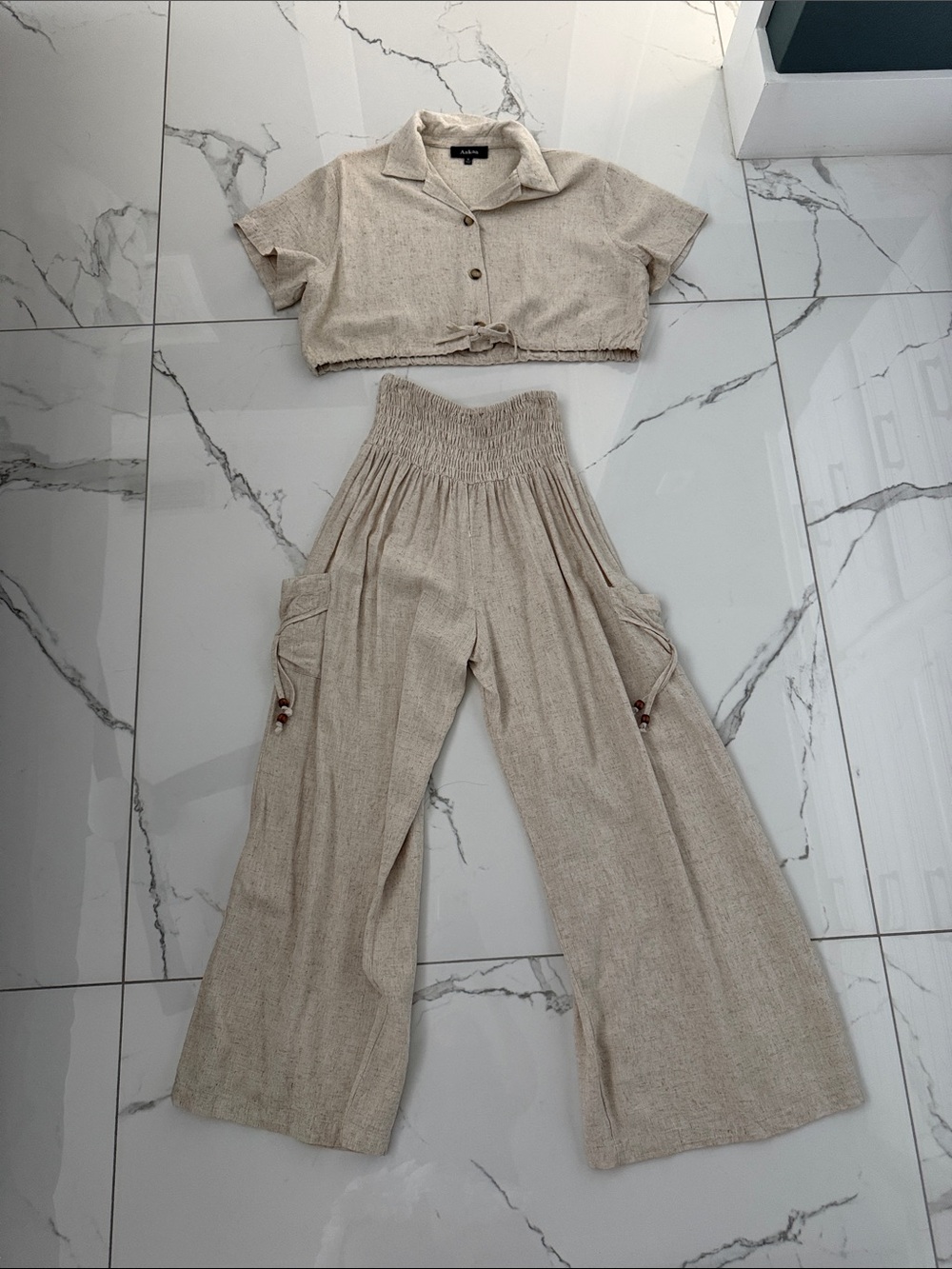 Aakaa Cream Button-Front Linen-Blend Midi Pant Set with Tie Waist